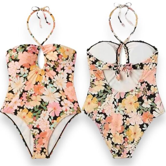 Shade&Shore Multi Floral Halter Keyhole Bandeau Tie Back One Piece Swimsuit NWT - Picture 2 of 16